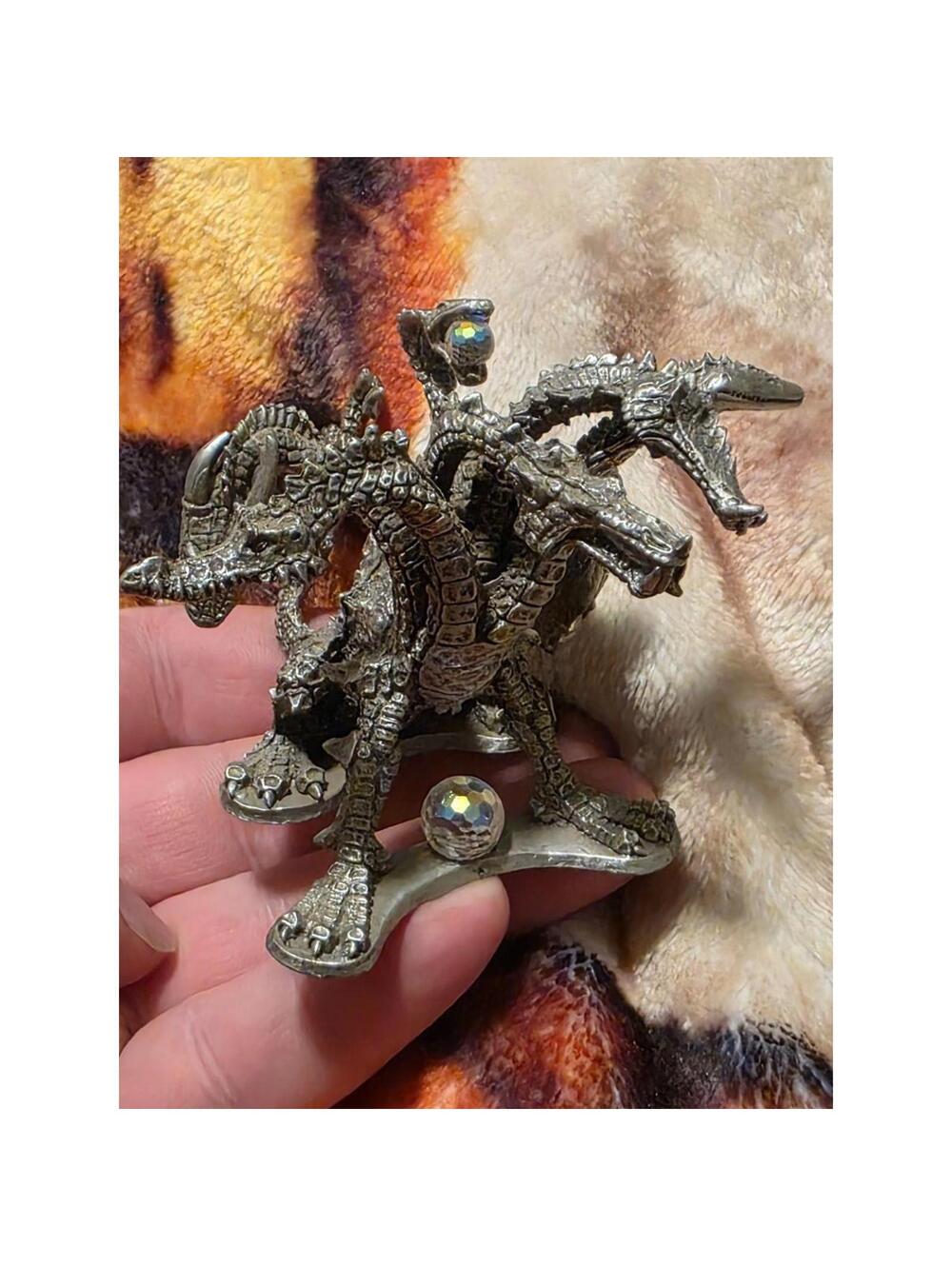 Vtg 80s PARTHA PEWTER PP807 Multi Headed Dragon Figurine Silver Crystal